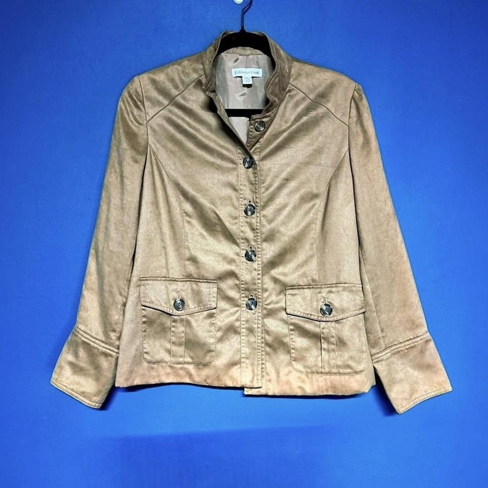 Coldwater Creek Faux Suede‎ Shirt Women's Size Petite 10 Tan Beige Button Front